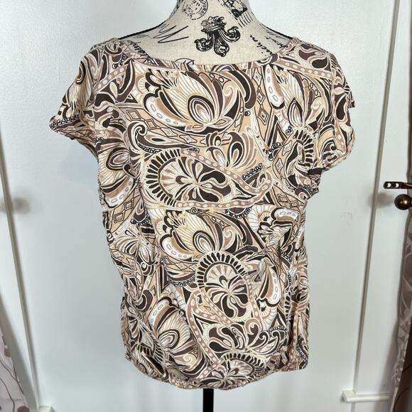 Liz Claiborne Tan white and brown paisley patterned cap sleeve blouse - Picture 2 of 9